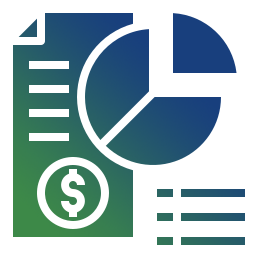 financial management icon with a document, dollar sign, and pie chart